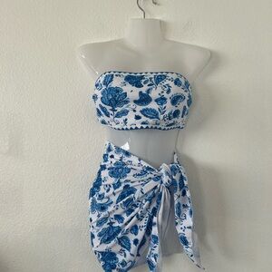 Blue and White Floral Bandeau Swim Set with Sarong